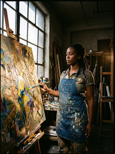 A painter at work on a large abstract canvas in her studio, lit by raking window light.