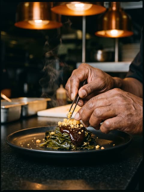 A chef's hands finishing a plate of elevated soul food with tweezers on matte black ceramic.