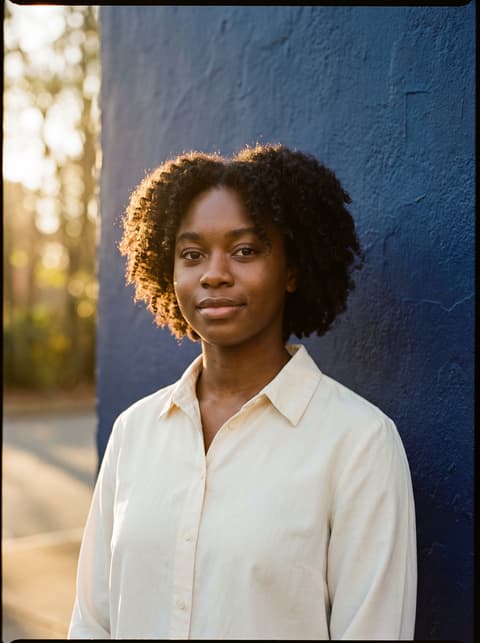 Portrait of a young student in warm afternoon light against a deep painted wall.
