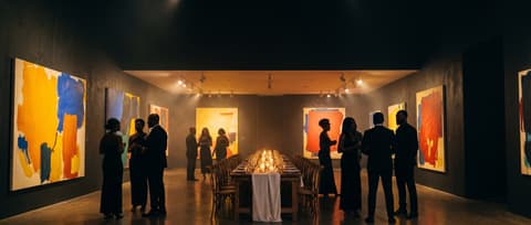 A darkened gallery hung with bold abstract paintings in marigold, cobalt and vermilion, above a long candlelit communal table.