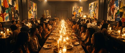A long candlelit communal table filled with guests dining beneath enormous abstract paintings.