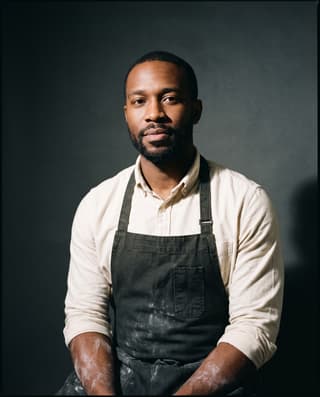 Studio portrait of a pastry chef in a dark apron.