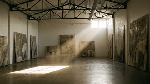 An empty industrial gallery hall before an event, with unlit canvases and a shaft of daylight.