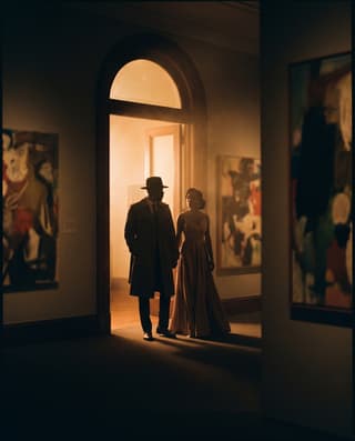 Guests arriving through a tall doorway into a dimly lit gallery.